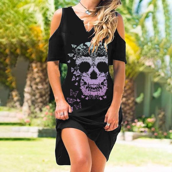 

skull print casual strapless loose women dress vintage summer floral midi, Black;gray