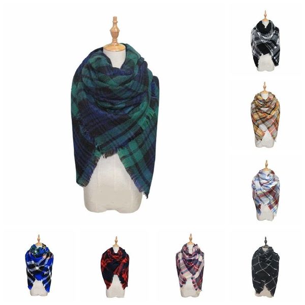 

scarves women's fall winter scarf classic tassel plaid warm soft chunky large blanket wrap shawl, Blue;gray