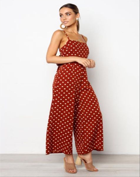 

summer polka dot print women jumpsuit sleeveless spaghetti strap backless party clubwear wide leg jumpsuits, Black;white