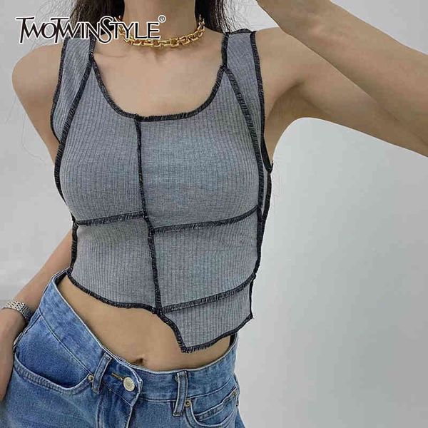 

hit color vest for women v neck sleeveless irregular patchwork slim tank female summer clothing style 210524, White