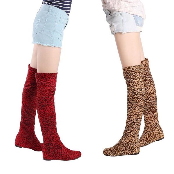 

boots hengsong women autumn winter leopard height increasing over the knee thigh high long casual flat fold shoes, Black