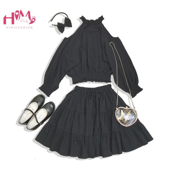 

korean fashion women shirts autumn gothic tunic female off shoulder black blouse halter harajuku long sleeve crop, White;black