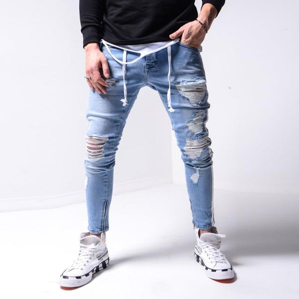 

men's jeans 2021 fall personality trend brand slim classic hip hop style pencil trousers ripped hole fashion young denim pants, Blue