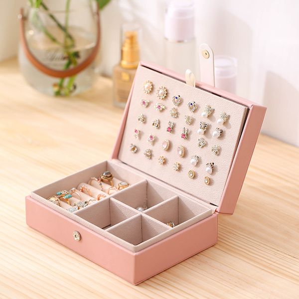 

jewelry box female portable princess european korean pu earrings trumpet simple earrings ring hand leather jewelry storage box, Black;white