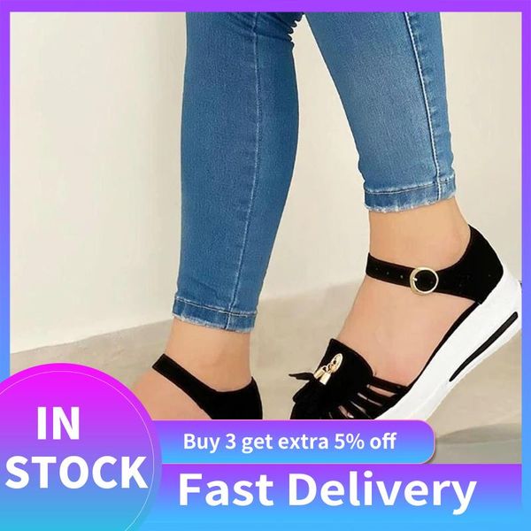 

dress shoes women's fashion wedge fringe buckle strap sandals ladies cusual solid summer leisure canvas flock, Black