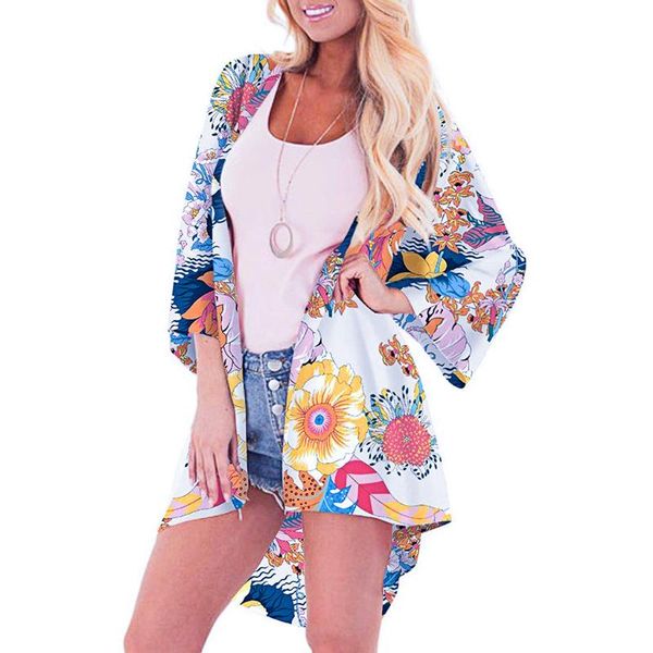 

kimono cardigan women half sleeve chiffon printing sandy beach smock easy blouse womens and blouses blusas mujer de moda women's & shi, White