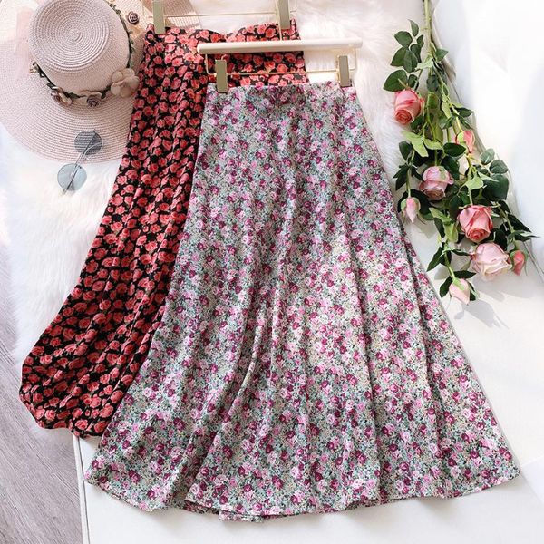 

skirts ohryiyie rose flower printed women 2021 spring summer fashion midi long chiffon skirt female elegant party pleated, Black