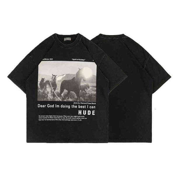

spring usa europe summer horse painting t shirt fashion vintage wash men women cotton tee tshirt, White;black
