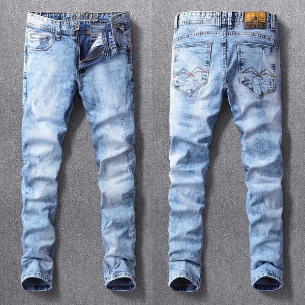 

ly designer fashion men jeans retro light blue elastic slim fit ripped vintage casual denim frayed hole plain pants