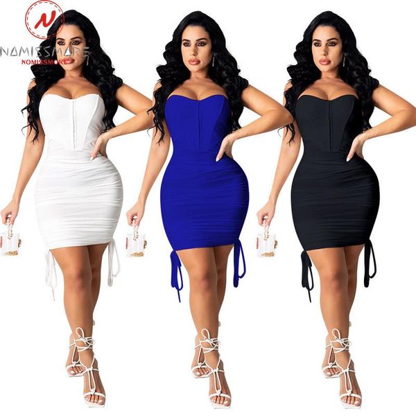 

casual dresses women summer solid pencil dress for night club shrinkage drawstring design sleeveless mid waist slim hips strapless, Black;gray