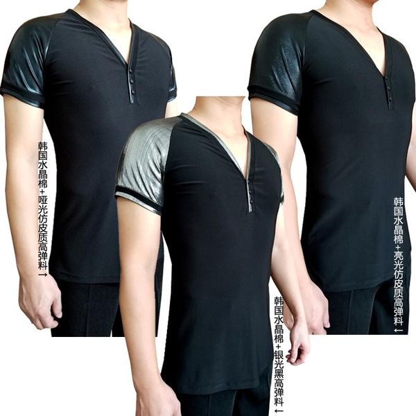 

stage wear latin dance men v neck short sleeve shirts adults cha rumba samba tango salsa male practice clothes show dnv12075, Black;red