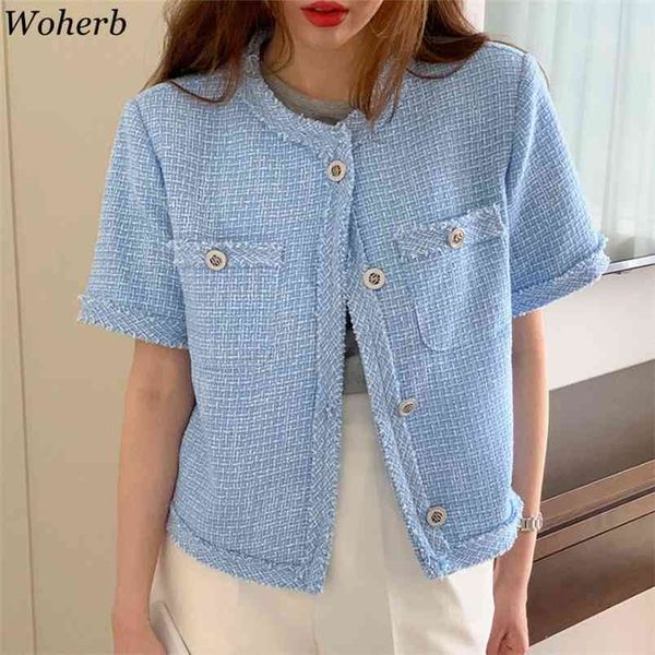 

tweed korean vintage women coat summer short sleeve o-neck single breasted pockets ladies fashion jacket femme 210519, Black;brown