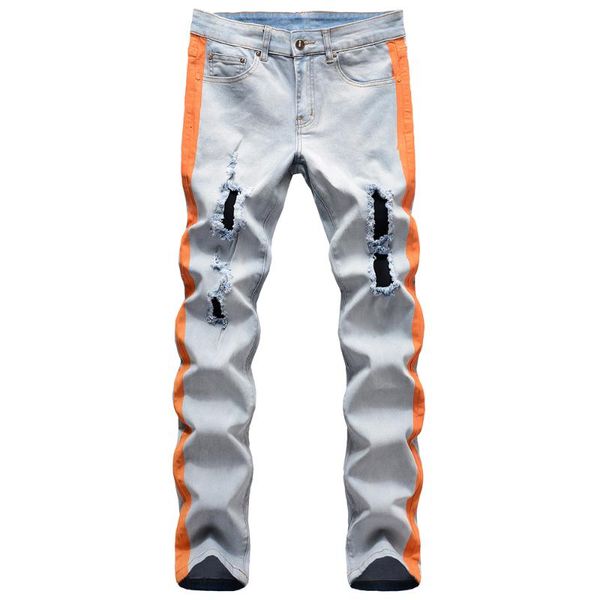 

men's jeans 2021 men's stretch denim ripped striped line printing holes distressed slim straight trousers, Blue