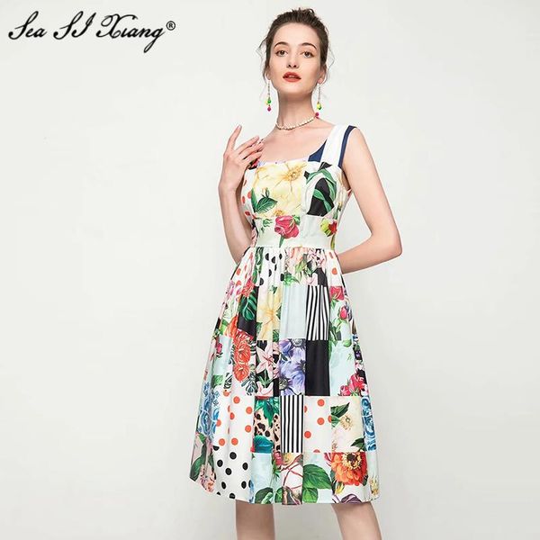 

casual dresses seasixiang fashion designer summer tank dress women's square collar vintage floral print short 2021, Black;gray