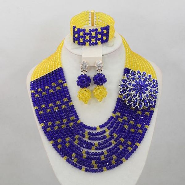 

earrings & necklace nigerian wedding african beads jewelry set bridal royal blue/yellow crystal anj062, Silver