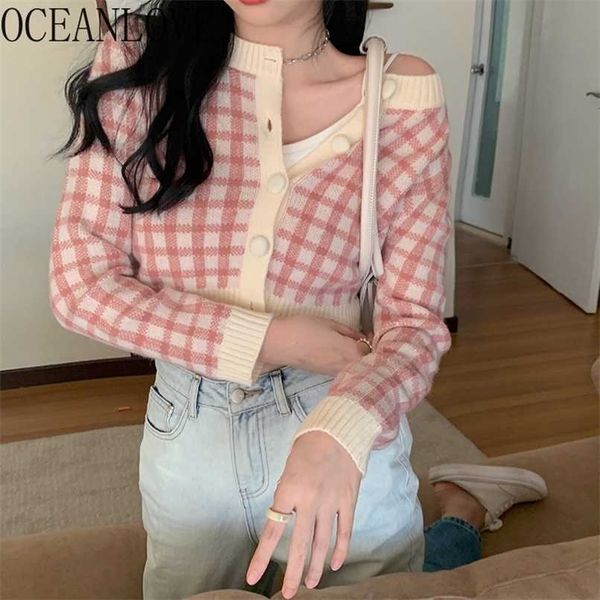

oceanlove plaid sweaters women short slim korean ins fashion autumn winter cardigans sweet chaqueta mujer 18825 211218, White;black