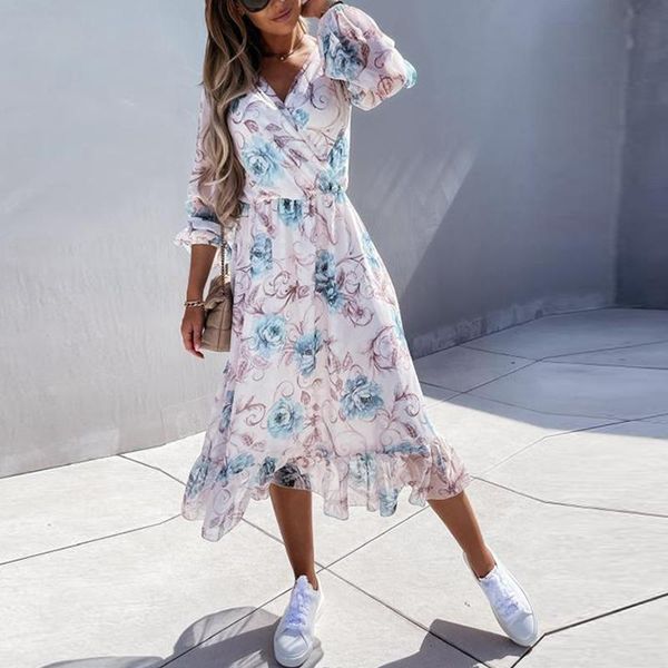 

casual dresses ladies fashion v-neck elegant ruffle party dress spring and autumn floral print long sleeve loose, Black;gray