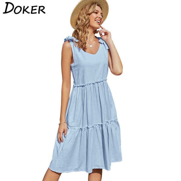 Sommer Einfarbig V-ausschnitt Plissee Frauen Kleid Casual Lose Temperament Elegante Party Große Schaukel Weibliche Kleider 210604