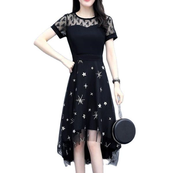 

plus size dresses women clothes 2021 summer chiffon dress woman foreign big cover belly ageing slim lace female, Black