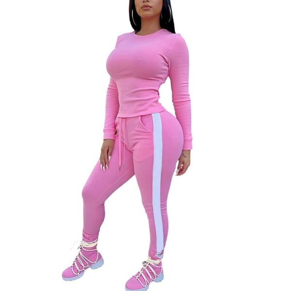 

gym clothing women 2 pcs tracksuit sets solid color round neck long sleeve + high waist stripe trim pant workout yoga sweatsuits, White;black