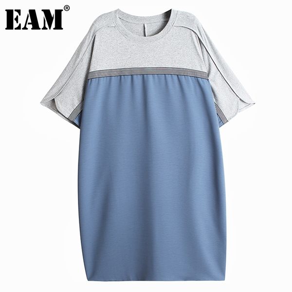 

[eam] women blue big size spliced pleated dress round neck short sleeve loose fit fashion spring summer 1dd7253 210512, Black;gray