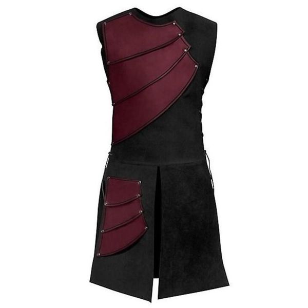 

men's vests men stage performance long vest cosplay sleeveless jacket medieval vintage leather patchwork costume halloween coat for mal, Black;white