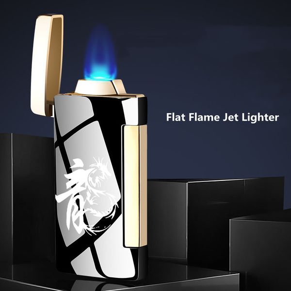 2021 Nuovo antivento potente fiamma piatta torcia accendisigari Jet metallo plasma arco gas butano accendino compatto sigaretta accensione laterale gadget