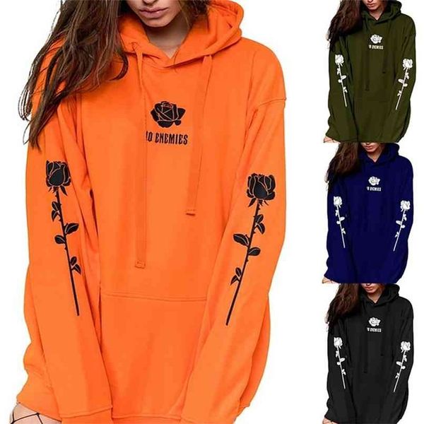 

oversized hoodies women floral printed long sleeve hooded sweatshirts pullover 210813, Black