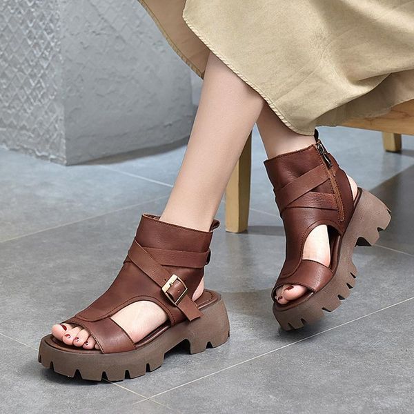 

female genuine leather shoes women sandals summer zip retro 2021 handmade wedges sewing concise leisure ladies mujer, Black