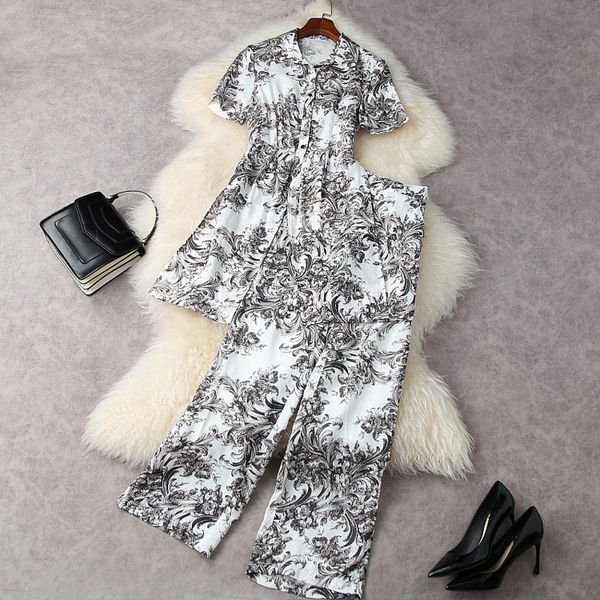 

women's two piece pants summer short sleeve lapel neck paisley print split long blouse + floral wide leg trousers suits 2 s set 21a1220, White