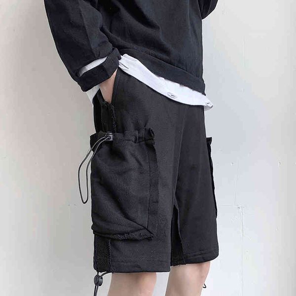 

summer streetwear side-pocket black ribbons male short pants loose work shorts, White;black