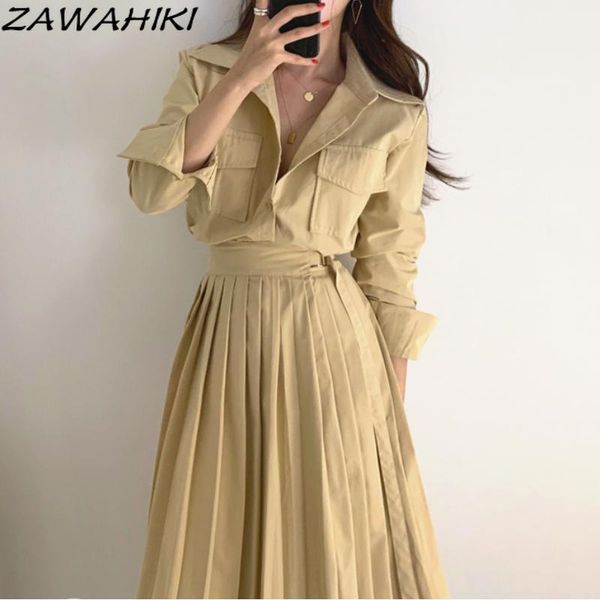 

casual dresses zawahiki high waist long sleeve pleated dress women korean style fashion vestidos pockets elegant femme robe vintage, Black;gray