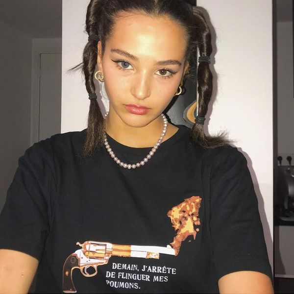 

calelinka american vintage gun print women cool tshirt black cotton hip hop summer streetwear loose short sleeve grunge tees women's t-, White