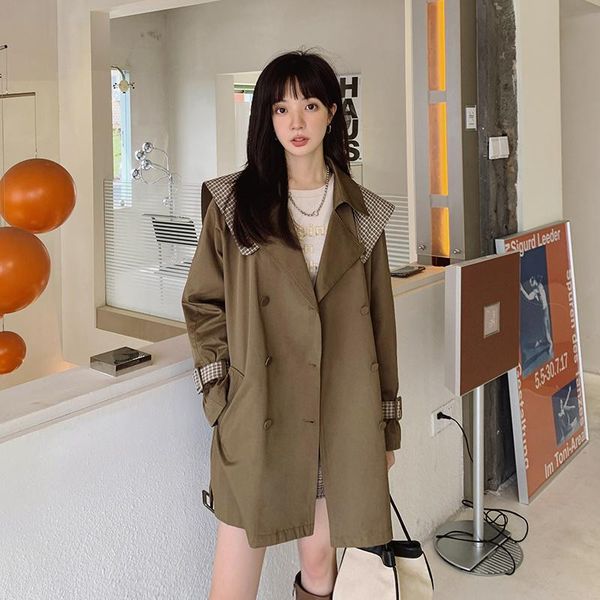 

women's trench coats in stock color contrast patchwork small short coat female, Tan;black