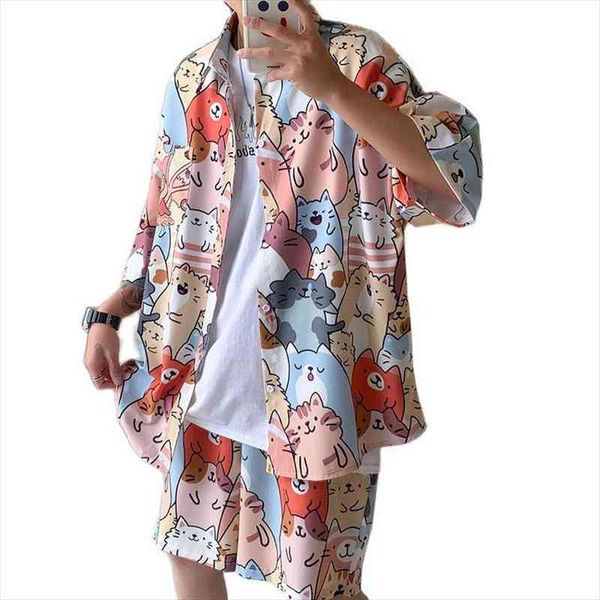 

sports suit male shorts shirt summer style loose casual two-piece set hong kong style, Gray
