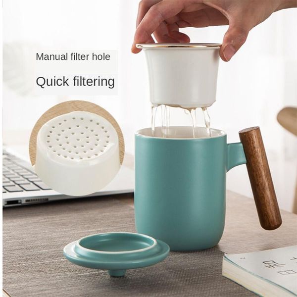 

ceramic tea cup mug with lid and infuser acacia wood handle coffee cups & saucers