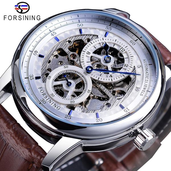 

watches forsining skeleton white dial automatic mechanical watch brown genuine leather band waterproof wristwatch brand men, Slivery;brown