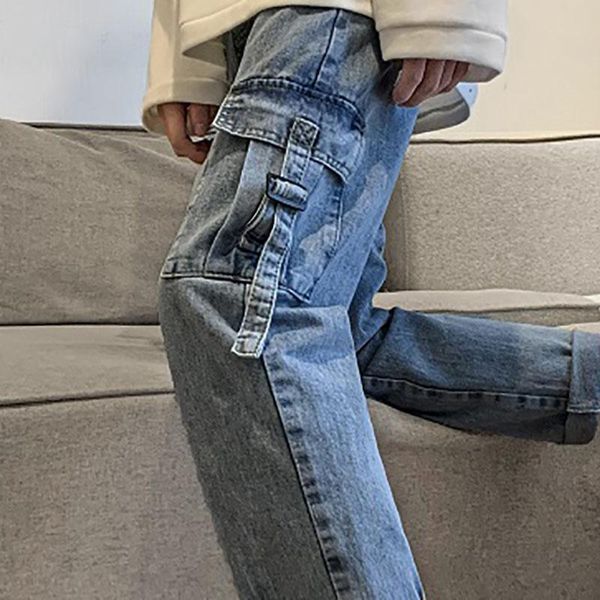 

men's jeans hip hop pants homme oversize trousers hong kong style nine quarter casual overalls pantalon large 2021 spring autumn, Blue