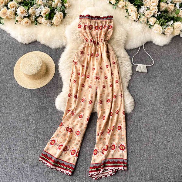 

dresses singrain women boho floral jumpsuits korean slim v neck flare sleeve bow sashes spring print wide leg long rompers, Black;gray