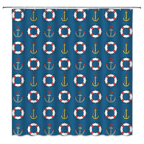 

nautical shower curtain decor anchor rope life buoy marine life ocean theme repeat design navy yellow fabric bath curtains