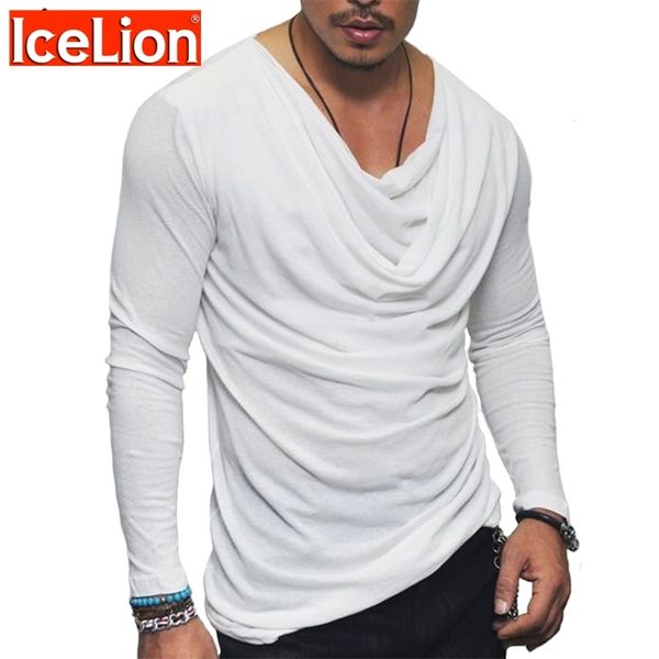 

icelion spring t shirt men fashion fold design solid t-shirt long sleeve hip hop streetwear slim fit men's tshirt 210706, White;black