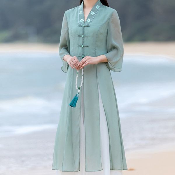 

2021 women summer literature retro hanfu female suit chinese style ethnic cheongsam two piece sets dress wide leg pants 12025, Red