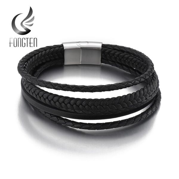 

charm bracelets fongten multi layer braided leather men's bracelet genuine cowhide woven classic punk rope trendy jewelry, Golden;silver