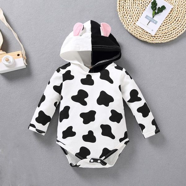 

4# 2021 born baby boy clothes for girl romper long sleeve milk cow print hoodie bodysuit borns rompers, Blue