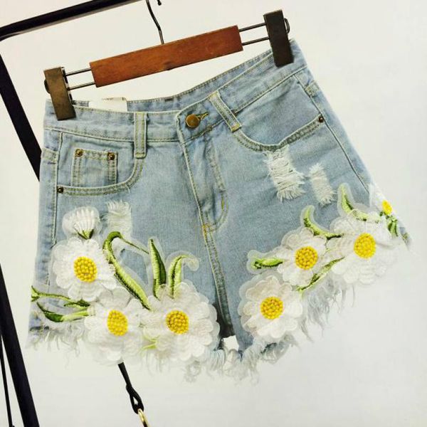 

summer casual ladies women applique embroidery ripped hole denim shorts , distressed tassel washed jeans for woman women's, White;black