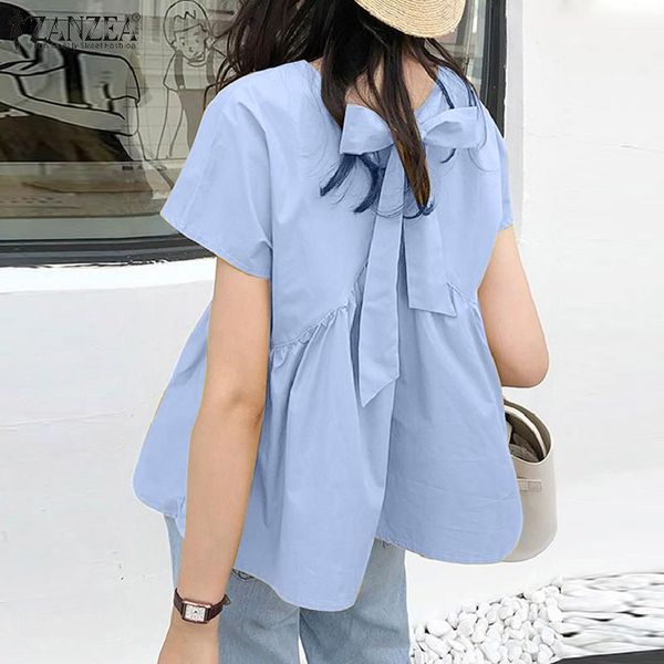 

women's blouses & shirts summer zanzea 2021 casual short sleeve blusas female peplum tunic oversized white chemise loose back bow