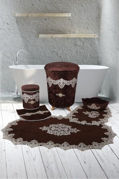 

bonny home aplique lux coffee 6 prÃ§ ruched bathroom dirty laundry basket set + bath mat mats
