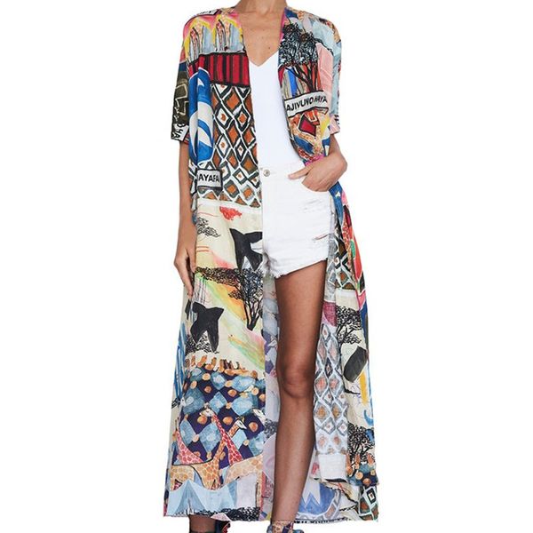

2021 bohemian printed half sleeve summer beach wear long kimono cardigan cotton tunic women blouse shirt sarong plage n796, White