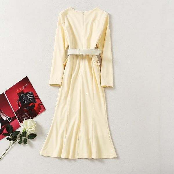 

dresses celebrity style autumn women v-neck golden buttons up belted long sleeve midi mermaid yellow, Black;gray