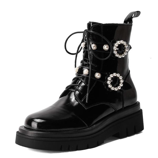 

boot of the short peal decoration women's boots autumn heavy-soled winter leather rentals to shoes, Black